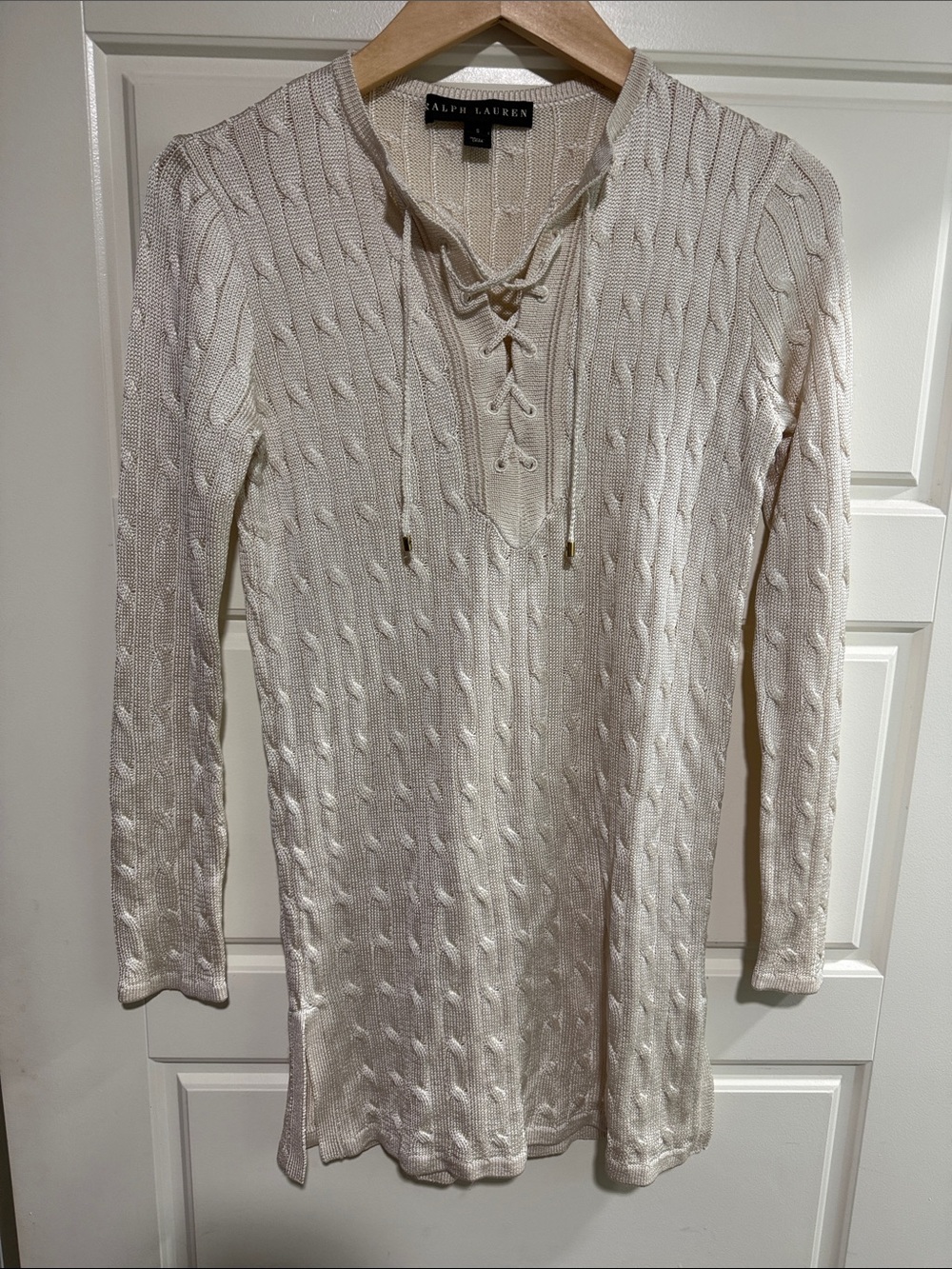 Ralph Lauren Black Label ivory silk lace-up cable tunic top S